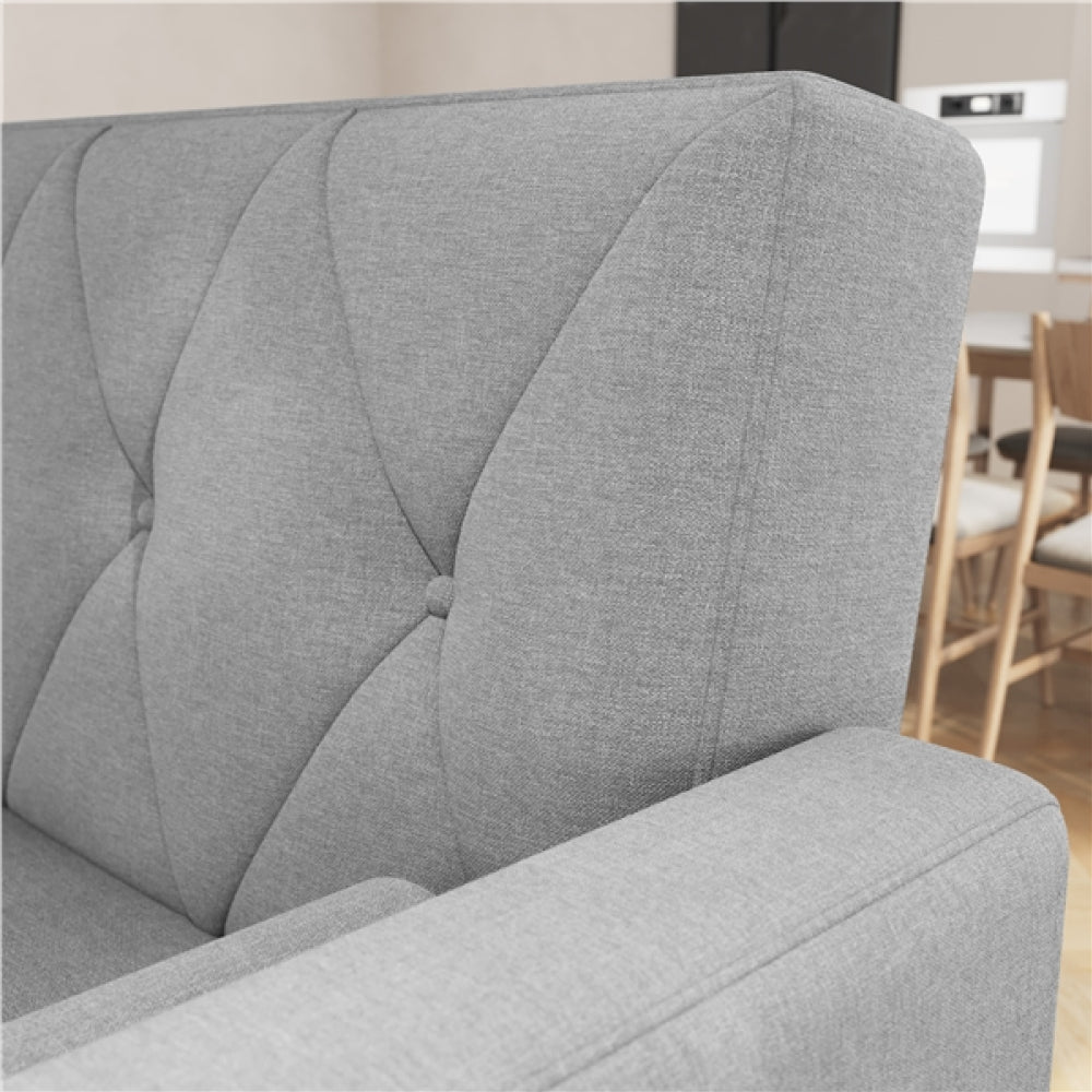 Button-tufted Fabric 3-Seater Sofa Bed W/ 2 Bolster Pillows