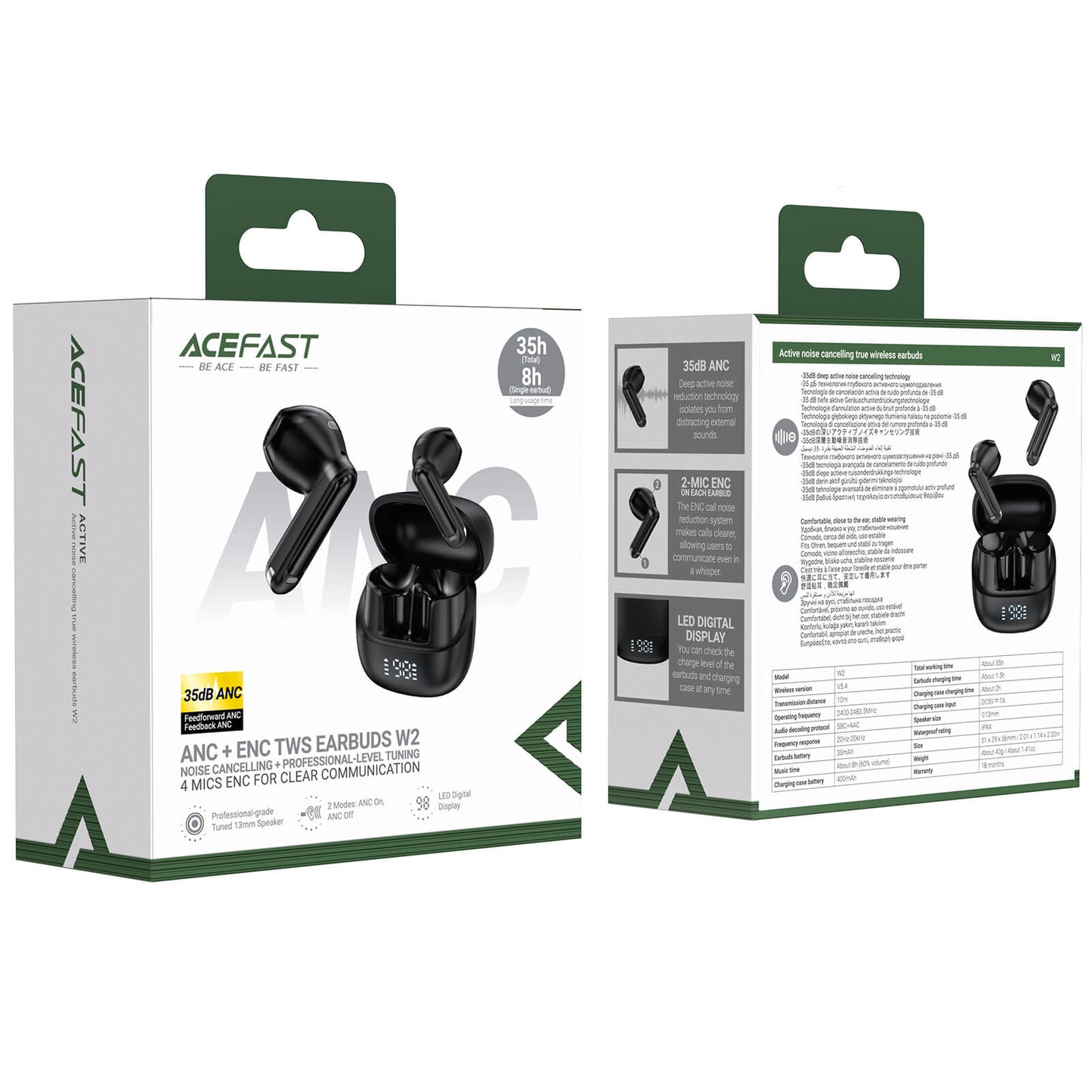 Acefast ANC 35dB Noise Cancelling Wireless Earbuds 8H Playback W2