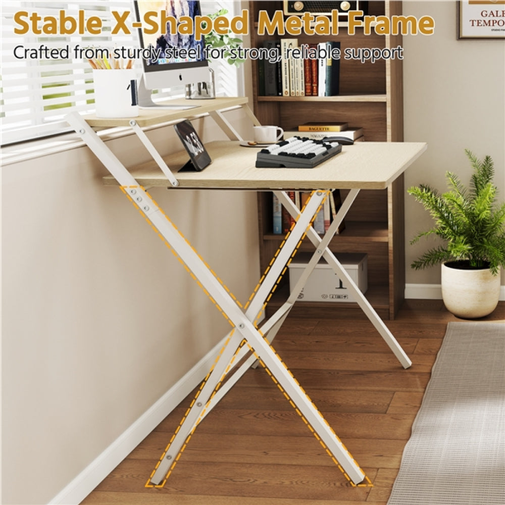 2-Tier Foldable Computer Desk w/ Monitor Shelf