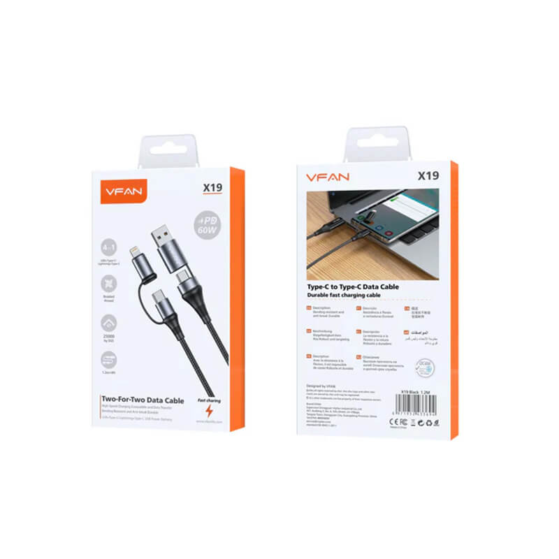 VFAN 4 in 1 Nylon Braided 60W Fast Charging Data Cable 1.2m X19