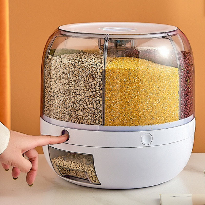 Rice Dispenser 6-Grid Rice Storage Container Rotating Rice Storage Bucket
