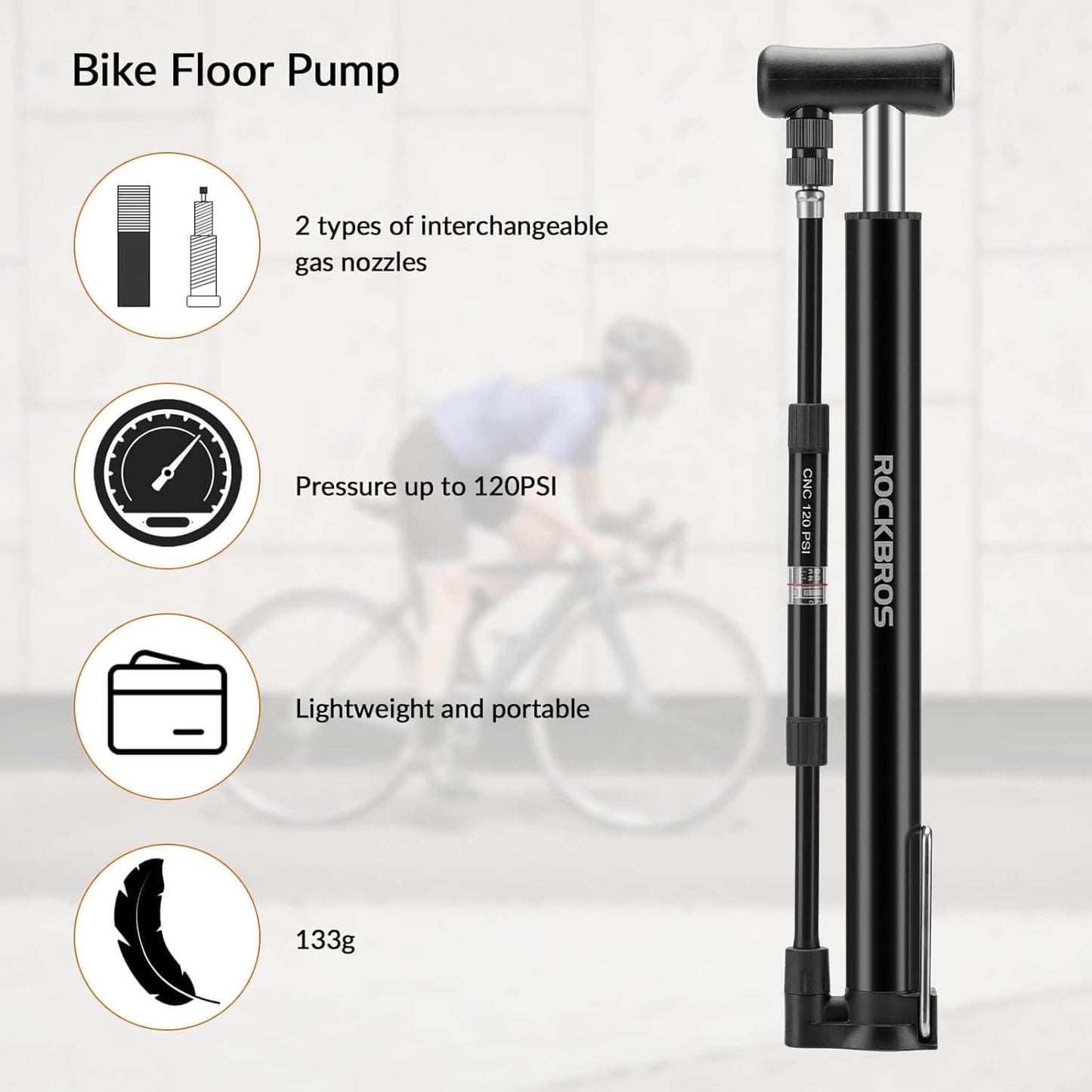Portable Bicycle Pump Air Inflator 120PSI with Gauge