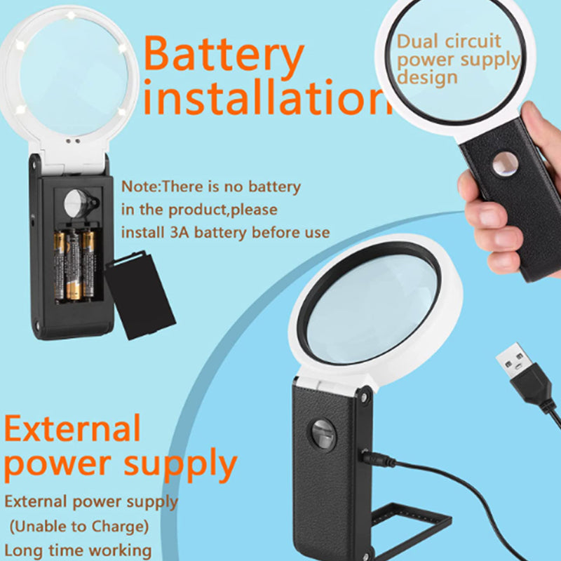 3.X 25X Large 110mm Magnifying Glass with Light and Stand Handheld Standing LED