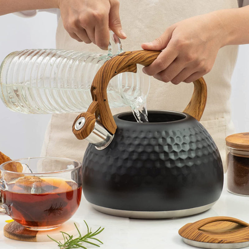 3L Whistling Stainless Steel Diamond Pattern Tea Kettle with Wood Grain Handle Black