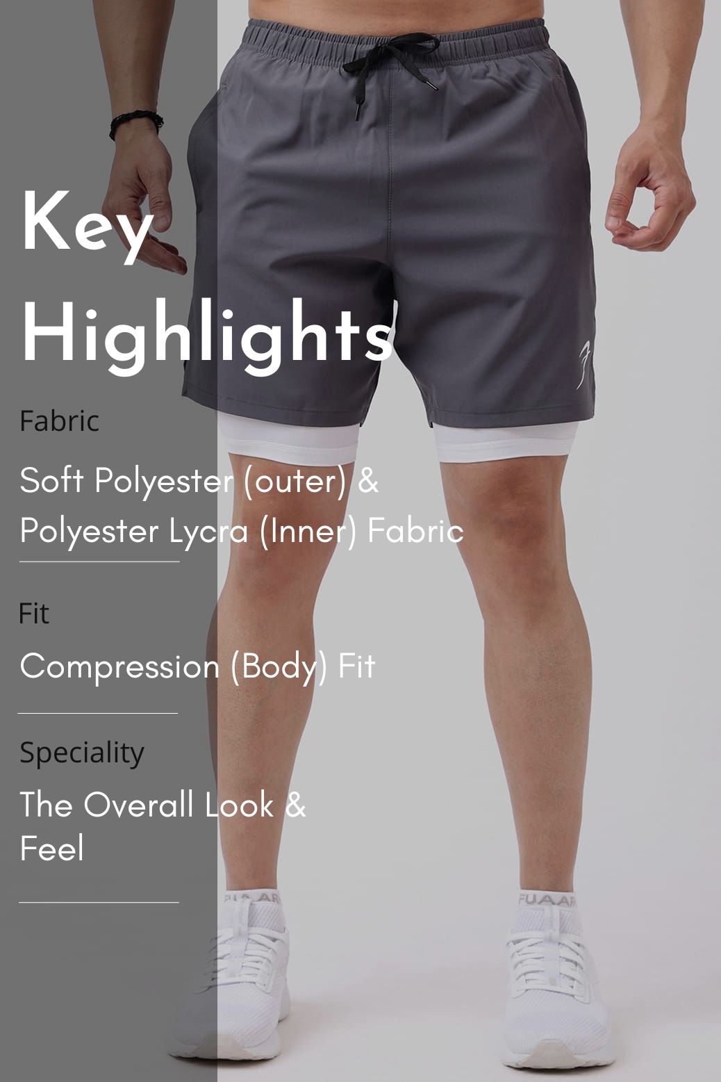 2 in 1 Compression Shorts Grey with White