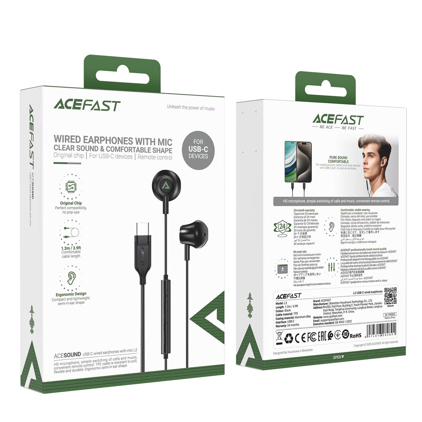 Acefast PC Material Half-in-ear Type-C Wired Earphones With Mic L2