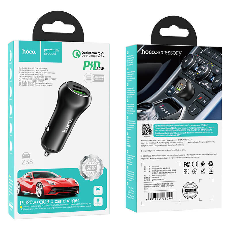 Hoco Resolute Fast Car Charger QC3.0 Charger U+C PD 20W Z38