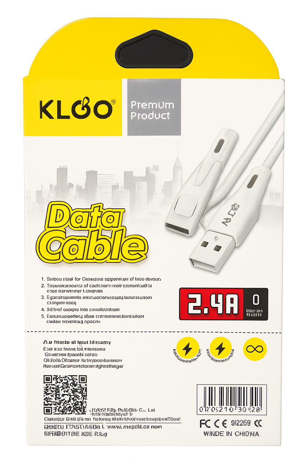 KLGO White Data Cable 2.4a Type C 3m Length