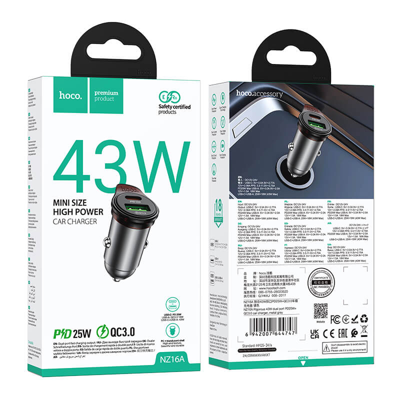 Hoco 43W Dual-Port PD Smart Fast Charging Car Charger for Multi-Device NZ16A