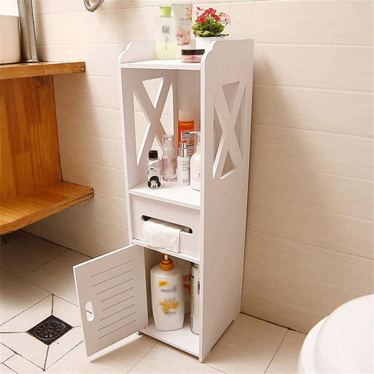 white bathroom storage rack