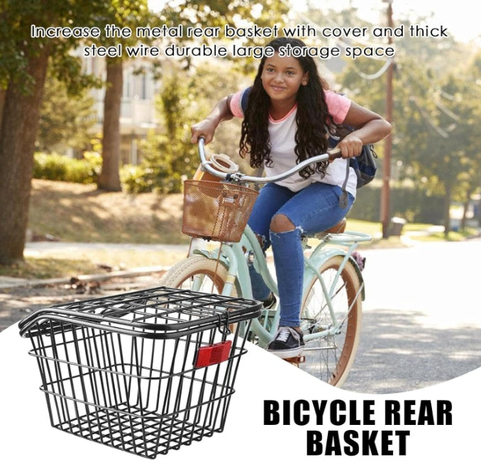 Bicycle Rear Seat Storage Basket Metal Frame with Lid For Cycling