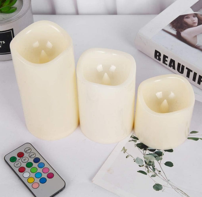 Set of 3 Remote Control LED Flameless Lights Pillar LED Year Battery Powered LED Tea Lights