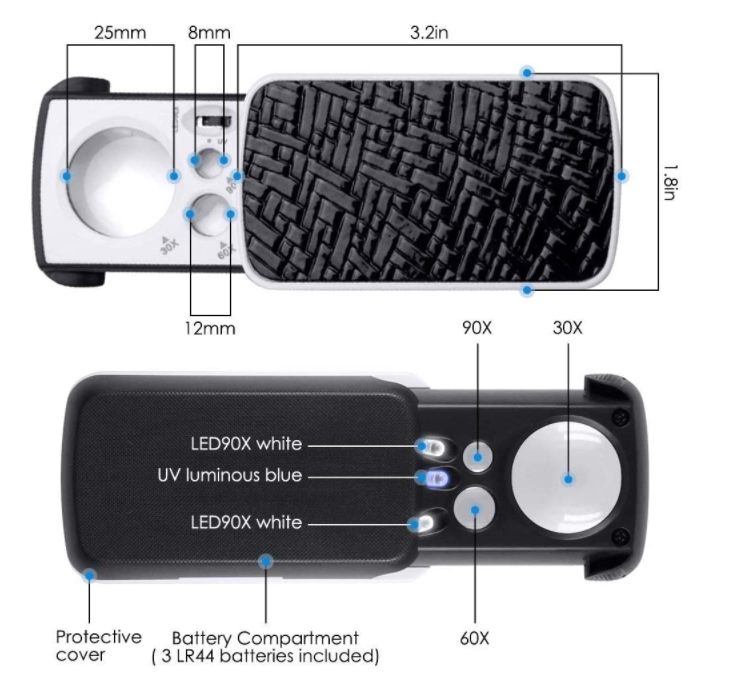 Jewelry Loupe Magnifier with UV LED Light 30X 60X 90X Slide Out Pocket Magnifier