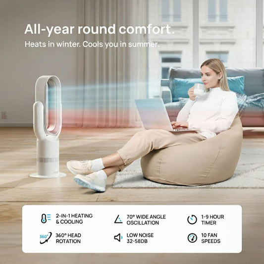 Hot and Cool Bladeless Fan - 2-in-1 Tower Heater for Bedroom | ThermalFlow | Silver/White