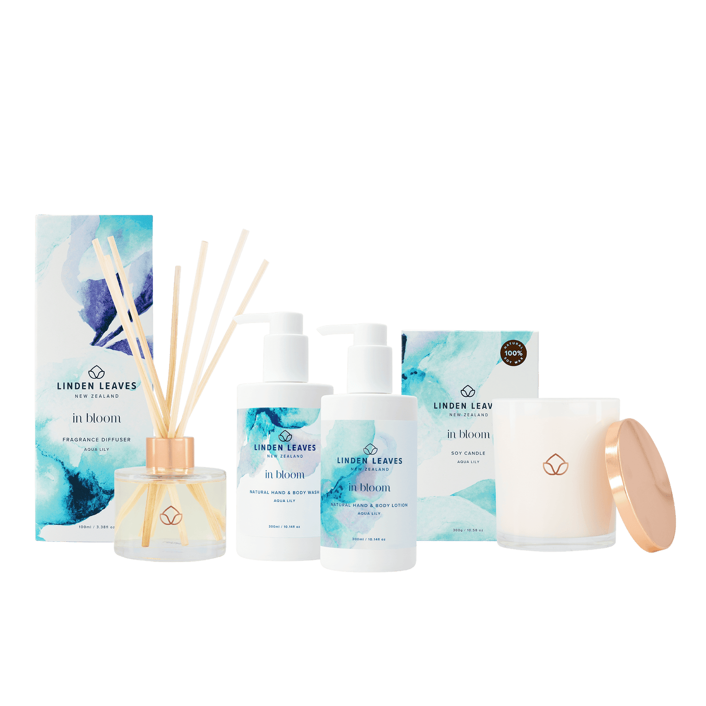 Aqua Lily Soy Candle, Fragrance Diffuser, Hand & Body Lotion & Hand & Body Wash