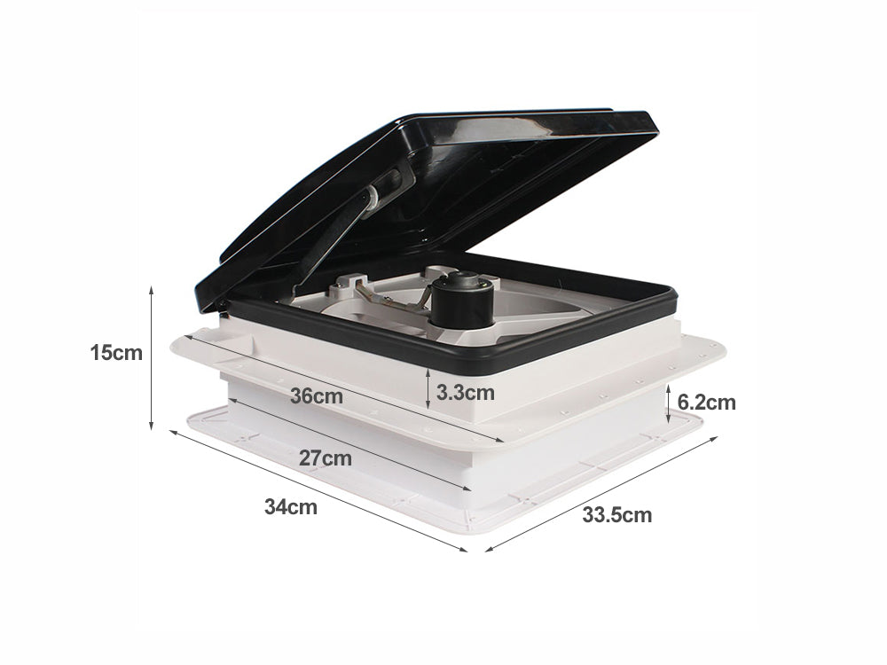 RV Roof Vent Fan 12V with Manual Riser Black Lid 280X280mm