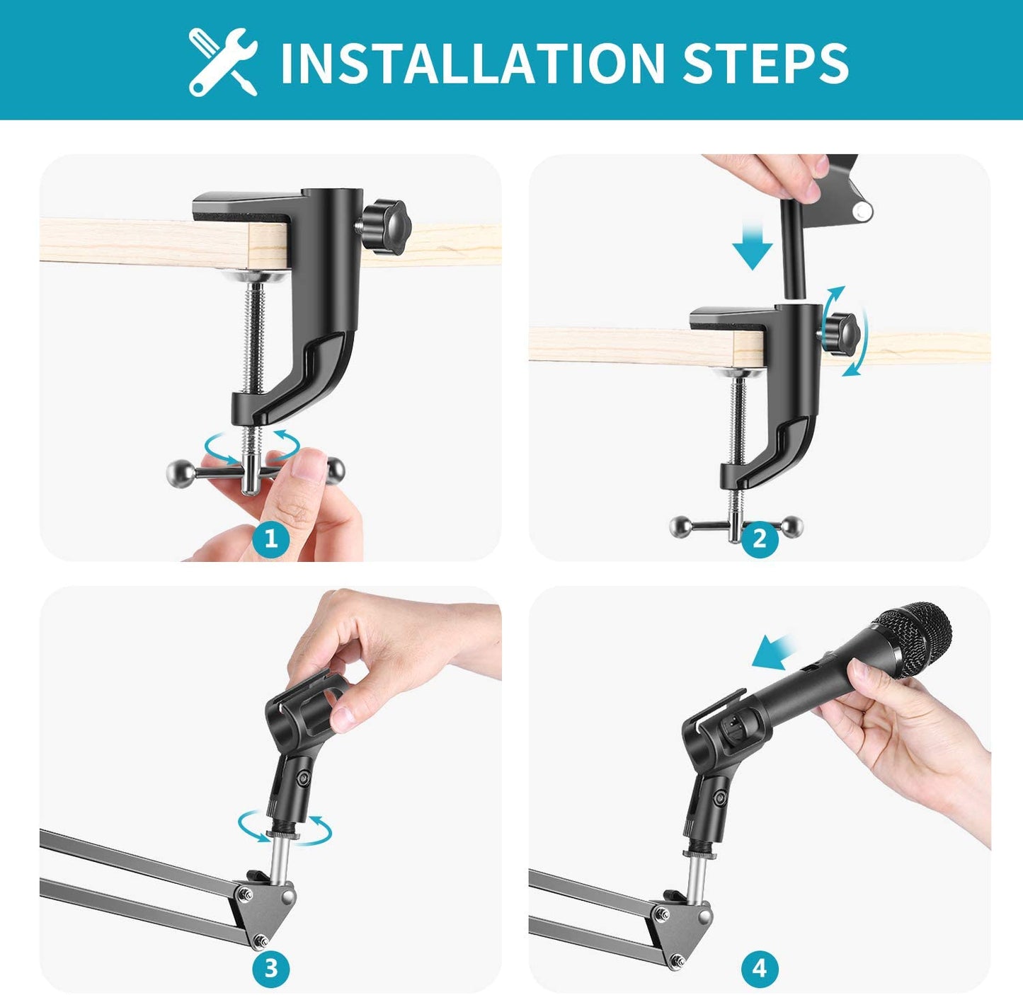 Microphone clip on boom arm