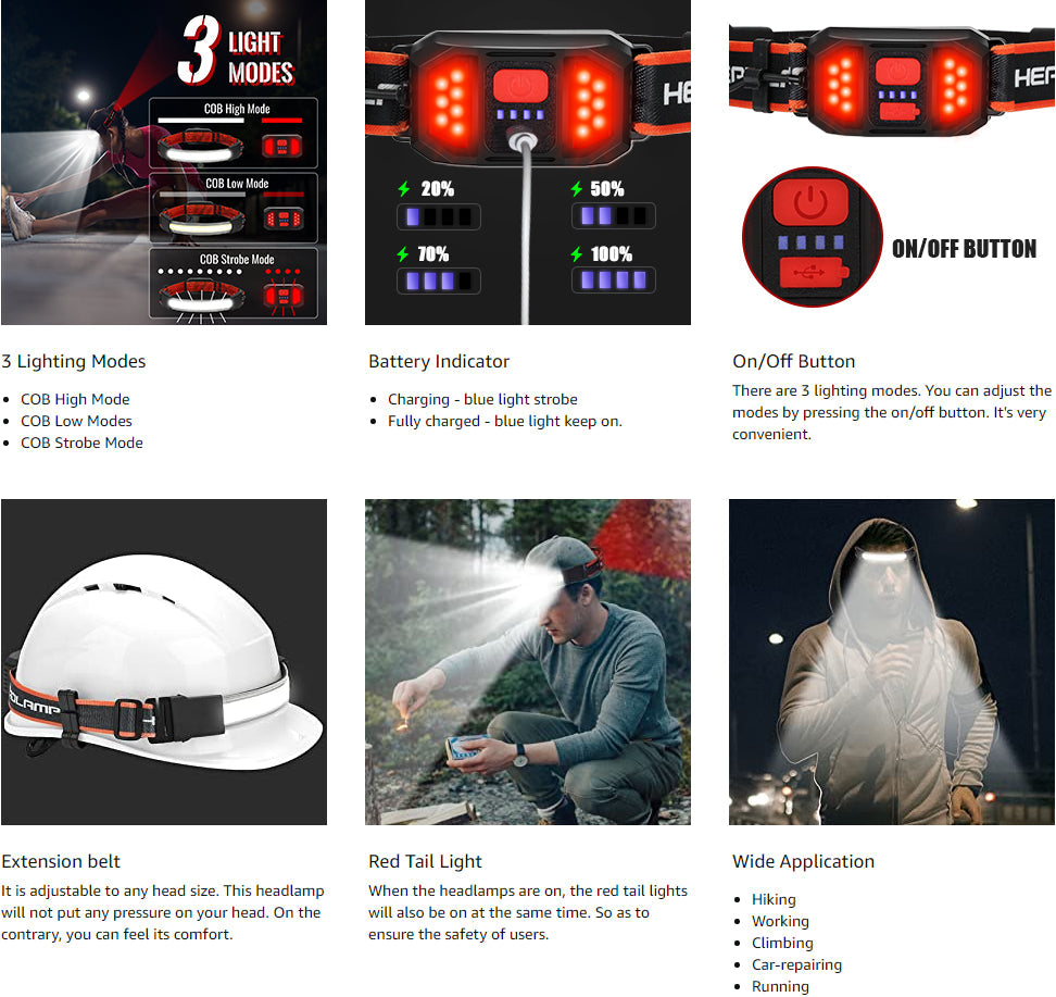 230°Wide-Angle Headlamp Flashlight with Red Taillight 3 Light Modes Lightweight