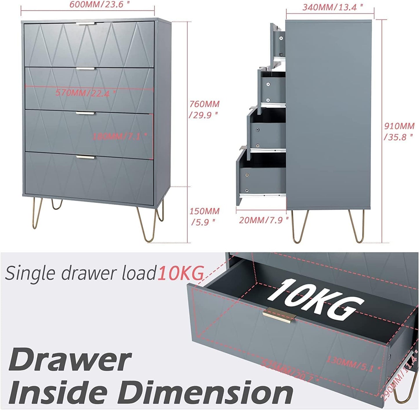 Tallboy Chest of Drawers - 4 Drawer Dressers for Bedroom (Sky blue)