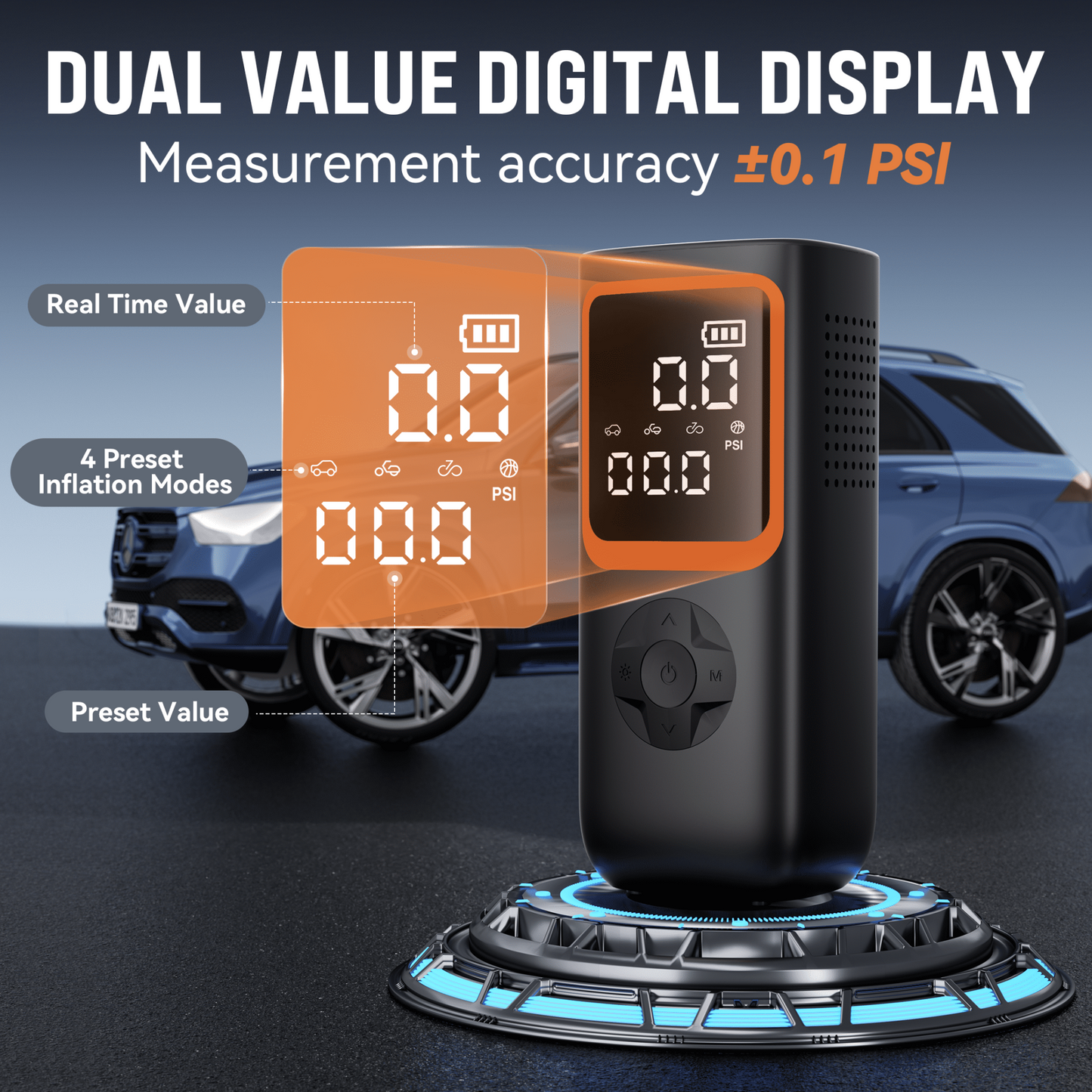 Car tyre inflator one touch control