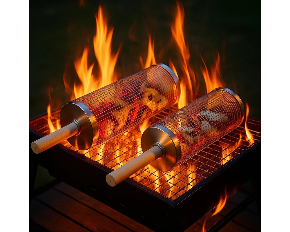 Rolling Grill Basket – Stainless Steel BBQ Net Tube for Meat, Vegetables & Seafood Outdoor Cooking