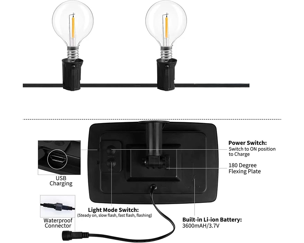 Solar Powered Festoon String Lights 15m with 50 Bulbs