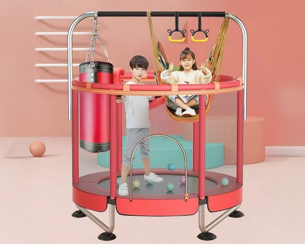 Trampoline showing durable steel frame