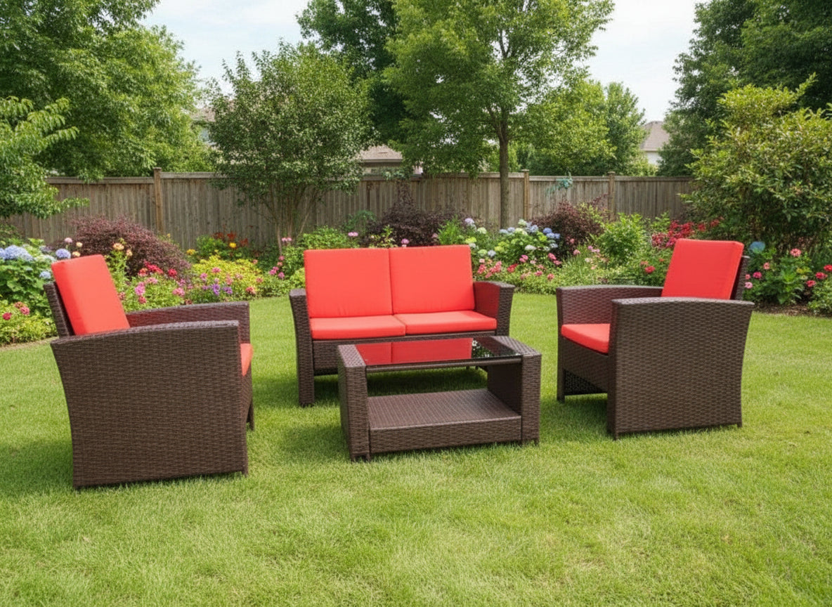 Rattan 2-Seat Sofa, 2 Chairs & Coffee Table 4PCS Set - Brown PE/PVC Pale Cushions