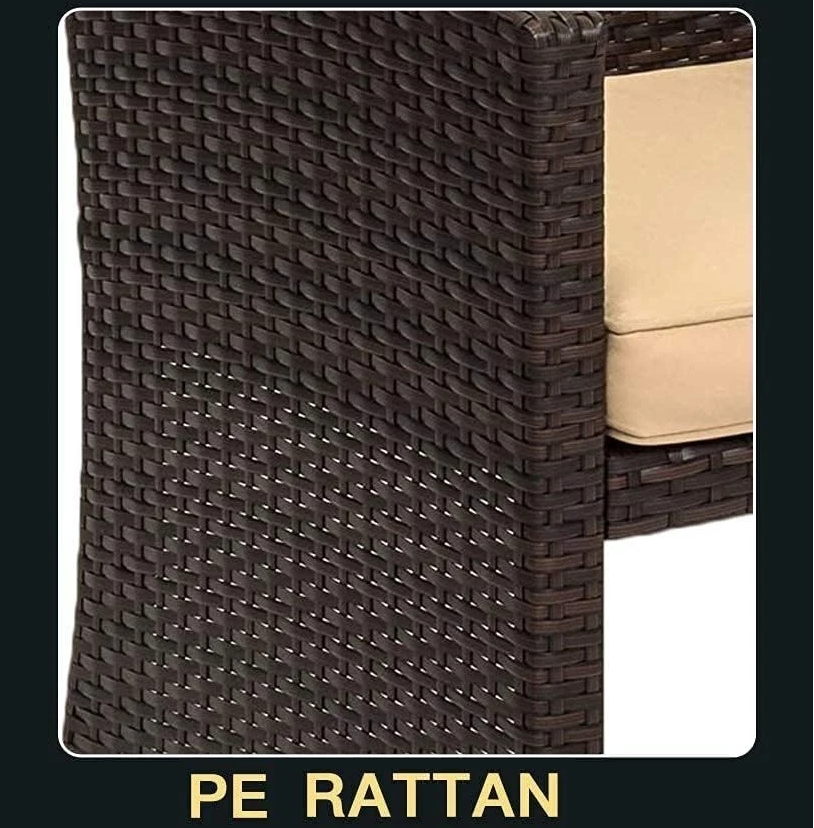 Rattan 2-Seat Sofa, 2 Chairs & Coffee Table 4PCS Set - Brown PE/PVC Pale Cushions