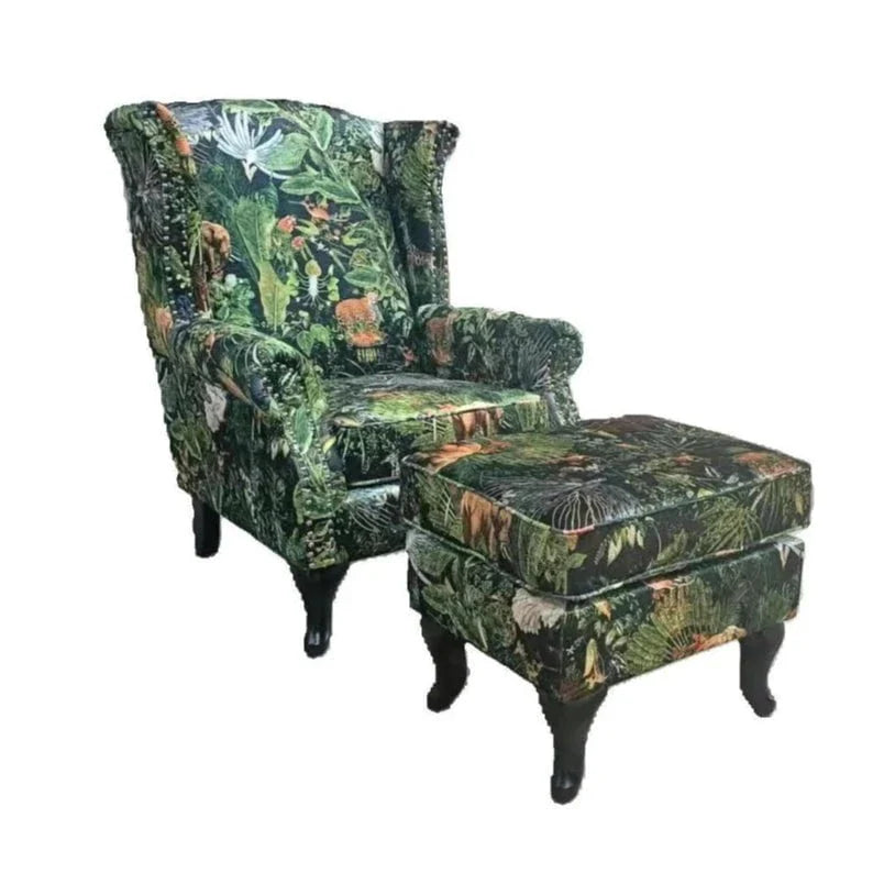 Franklin Wingback Patchwork Armchair - Green Forest at online8 furniture store Auckland