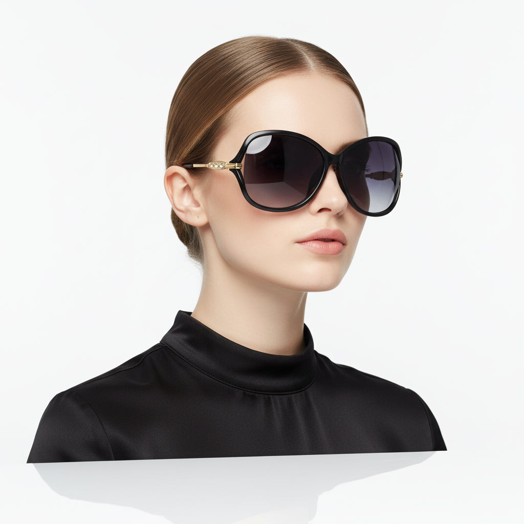 Polarized Lens Rhinestone Deco Sunglasses - BLACK