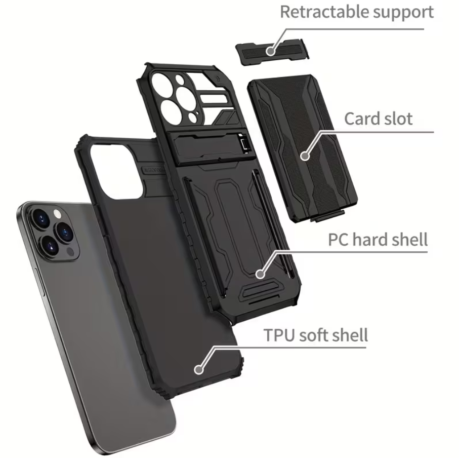 iPhone 15 Pro Max Heavy Duty Shockproof case With Card Holder & Kickstand (Black)