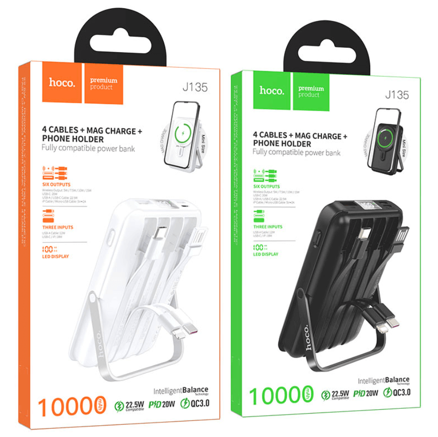 J135 Rico Magnetic Wireless Power Bank 10000mAh with Built-In Cables