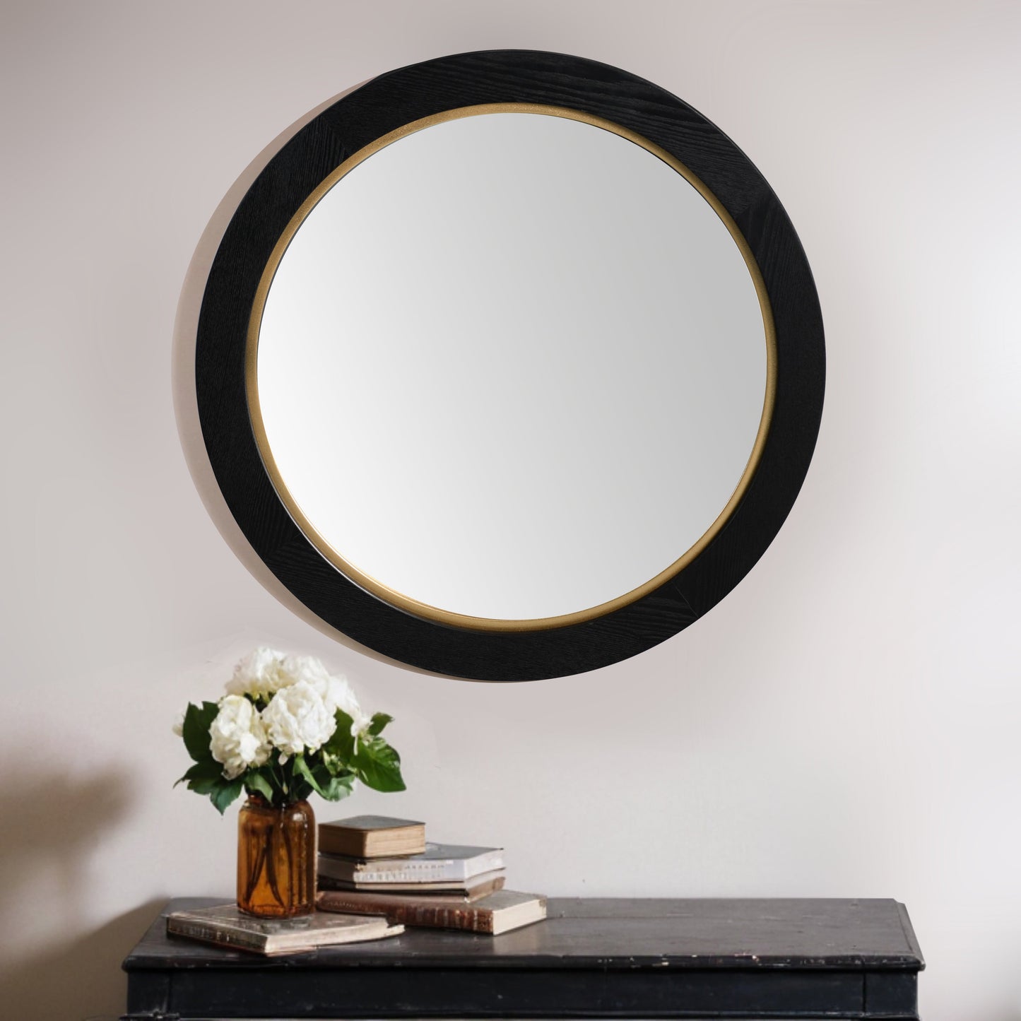 La Vista Black Oak & Gold Round Wall Mirror - 650mm at online8 furniture store Auckland