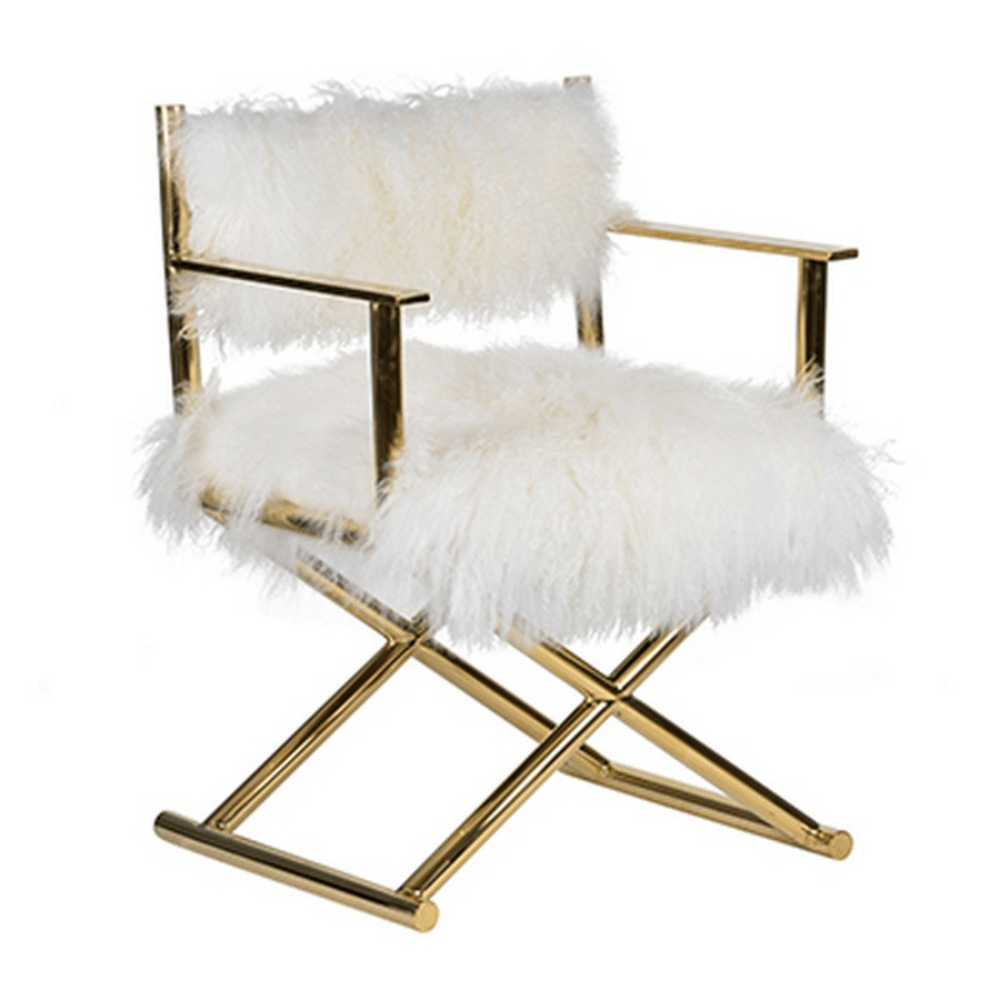 Luxe Director Armchair – White Fur & Gold at online8 furniture store Auckland