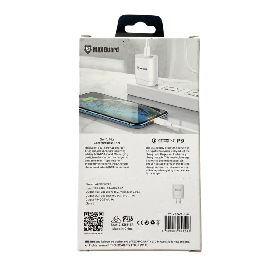 Maxguard Type C & USB Power Adapter Wall Plug (NZ / AUS), With Type C to Type C Cable