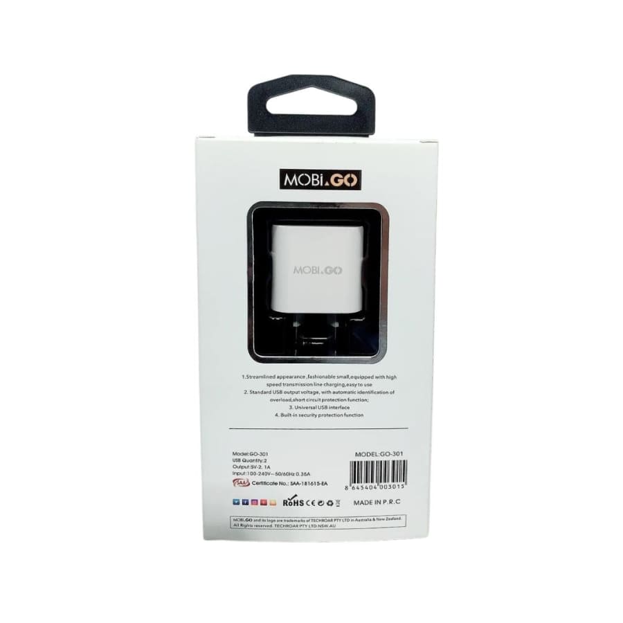 Mobigo Dual USB Power Adapter Wall Plug (NZ / AUS)