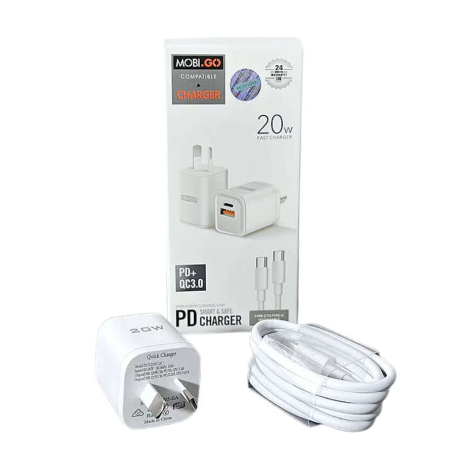 Mobigo Type C & USB Power Adapter Wall Plug (NZ / AUS), With Type C to Type C Cable