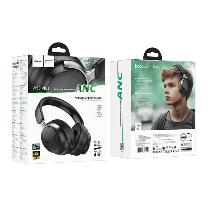 Premium Bluetooth Headset 90H ANC Noise Cancelling – W53 Plus Black