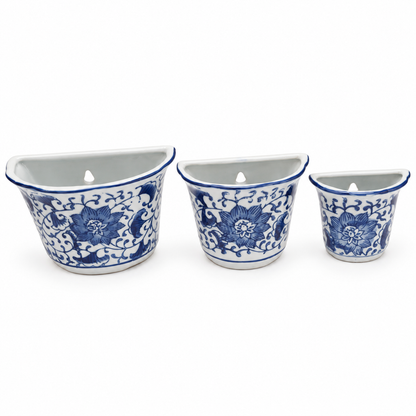 Set of 3 Blue & White Floral Wall-Mounted Half-Round Ceramic Planters
