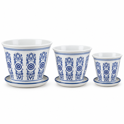Set of 3 Blue & White Geometric Tapered Ceramic Planters with Saucers