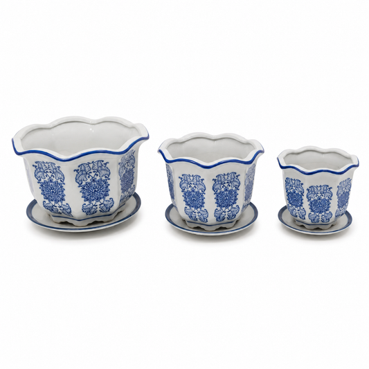 Blue & White Floral Scalloped Porcelain Planter Set of 3 with Matching Saucers