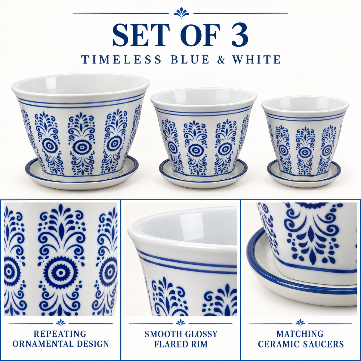 Set of 3 Blue & White Geometric Tapered Ceramic Planters with Saucers
