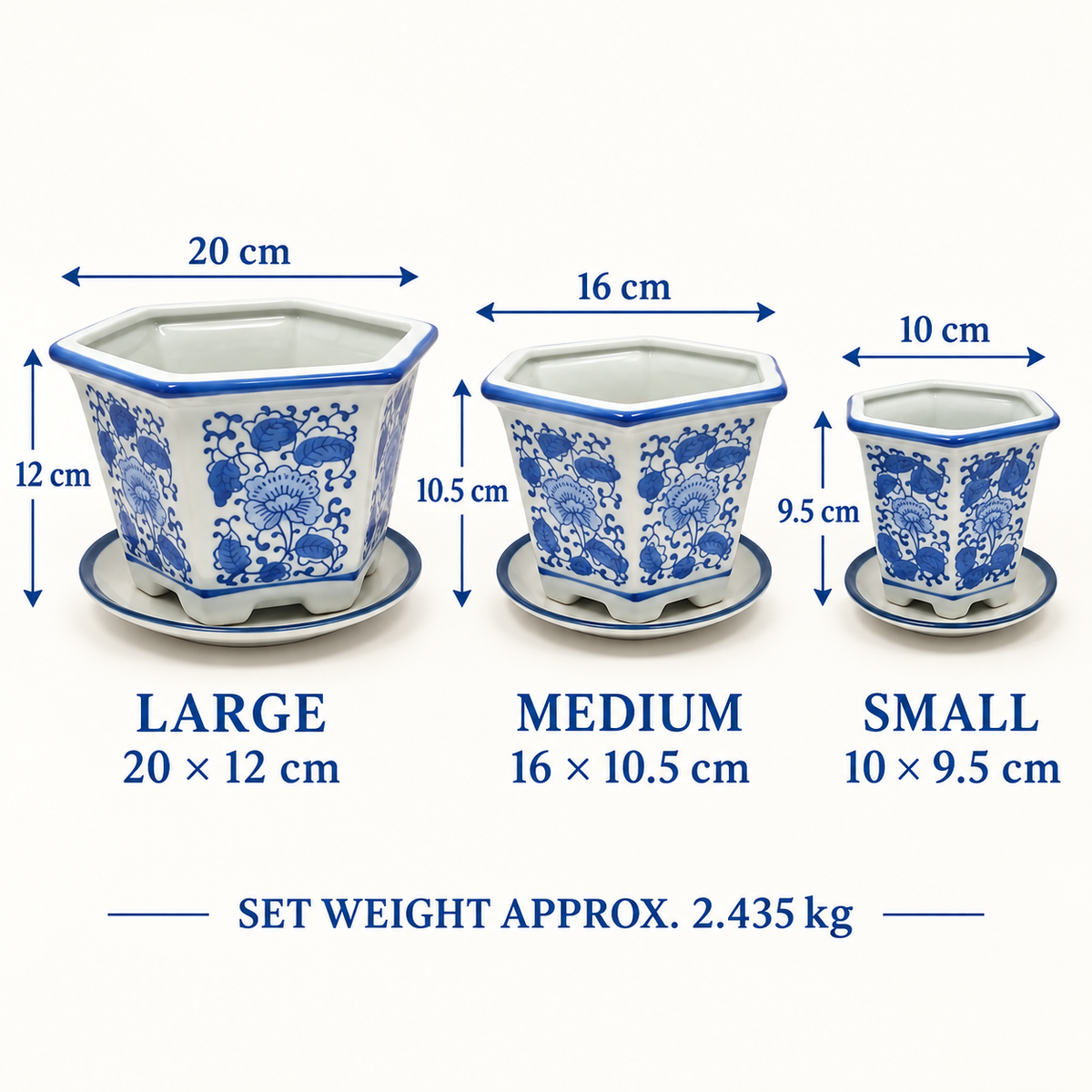 Set of 3 Blue & White Hexagonal Ceramic Planters with Saucers