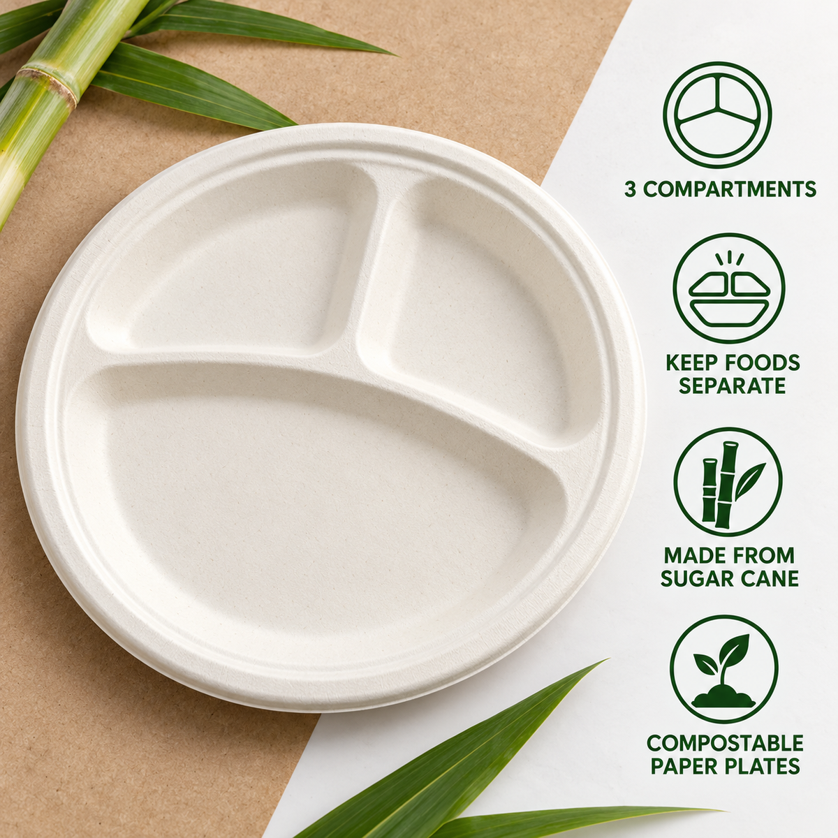 Compostable 3-Compartment Paper Plates – 10 Inch, 20 Pack