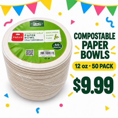Compostable Paper Bowls – 12 oz, 50 Pack