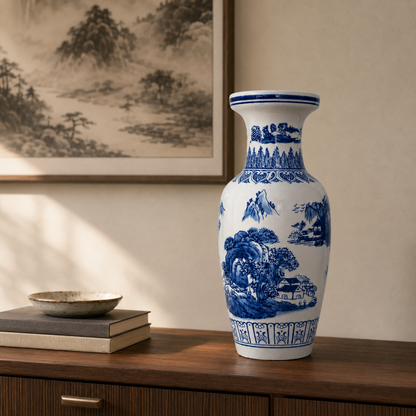 18-Inch Blue & White Landscape Flower Basket Vase - 45cm