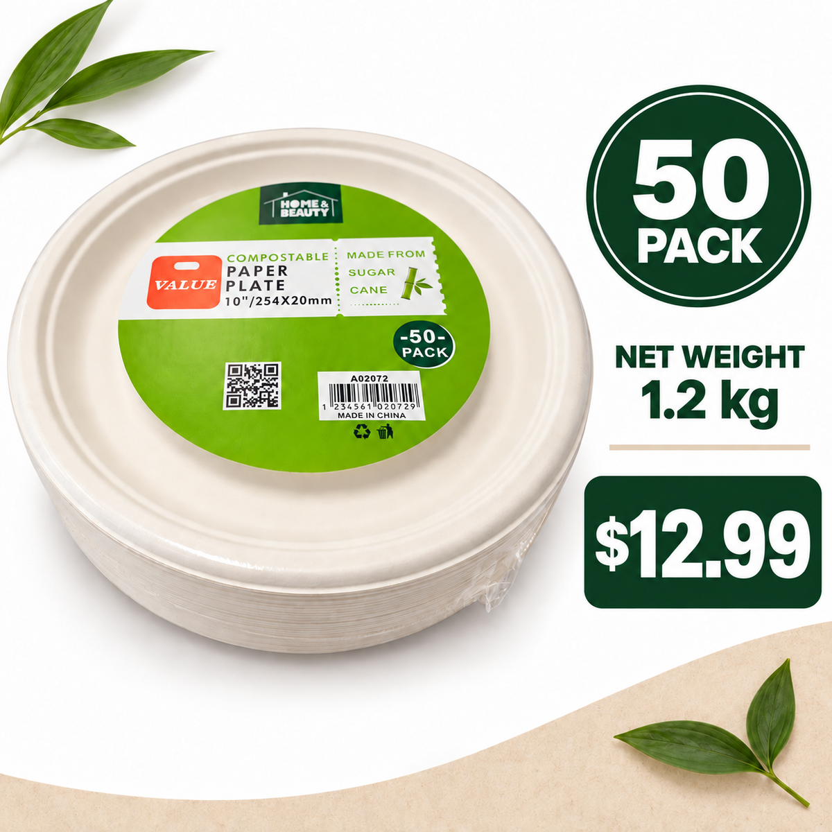 Compostable Paper Plates – 10 Inch, 50 Pack