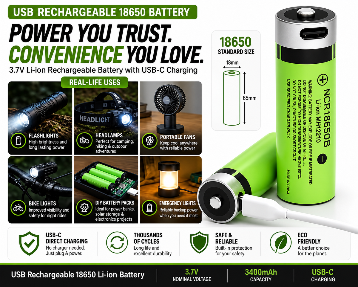 18650 Rechargeable Battery USB-C 2PCS