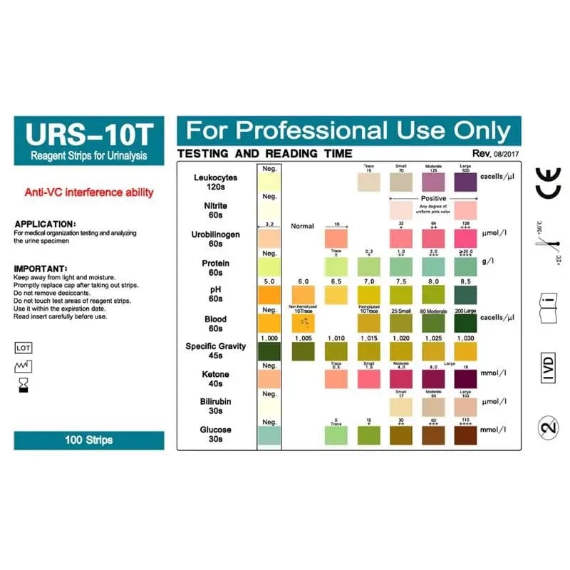 100 Strips URS-10T Urinalysis Reagent Strips - 10 Parameters